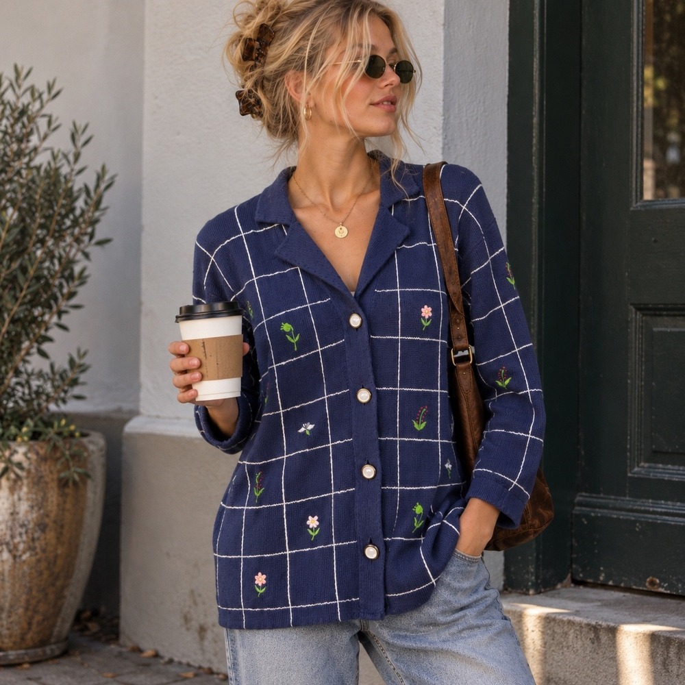 Lilly of California Cottagecore Cardigan Sz LNavy Blue Floral Embroidery Grandma